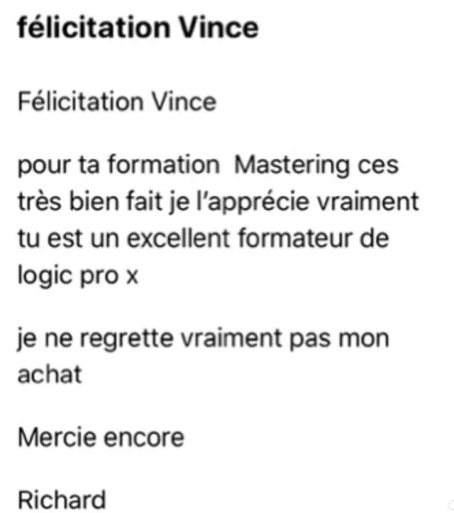 Témoignage appréciant une formation de mastering