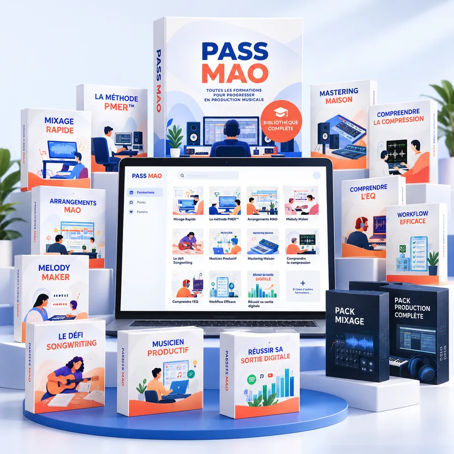 Visuel du Pass MAO avec sa bibliothèque de formations sur ordinateur et les formations incluses