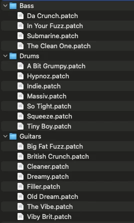 Liste des patches Bass, Drums et Guitars inclus dans PALETTE